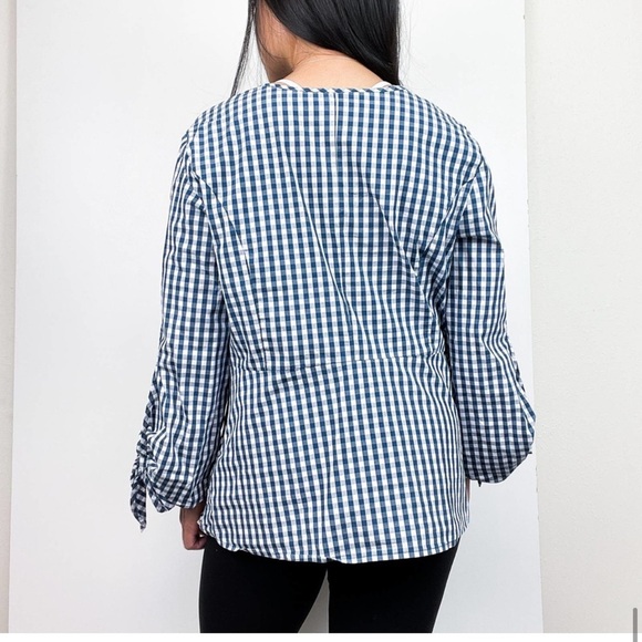 Universal Standard for J.Crew NWT Blue White Gingham Tie Sleeve Cutout Shirt - Picture 5 of 16